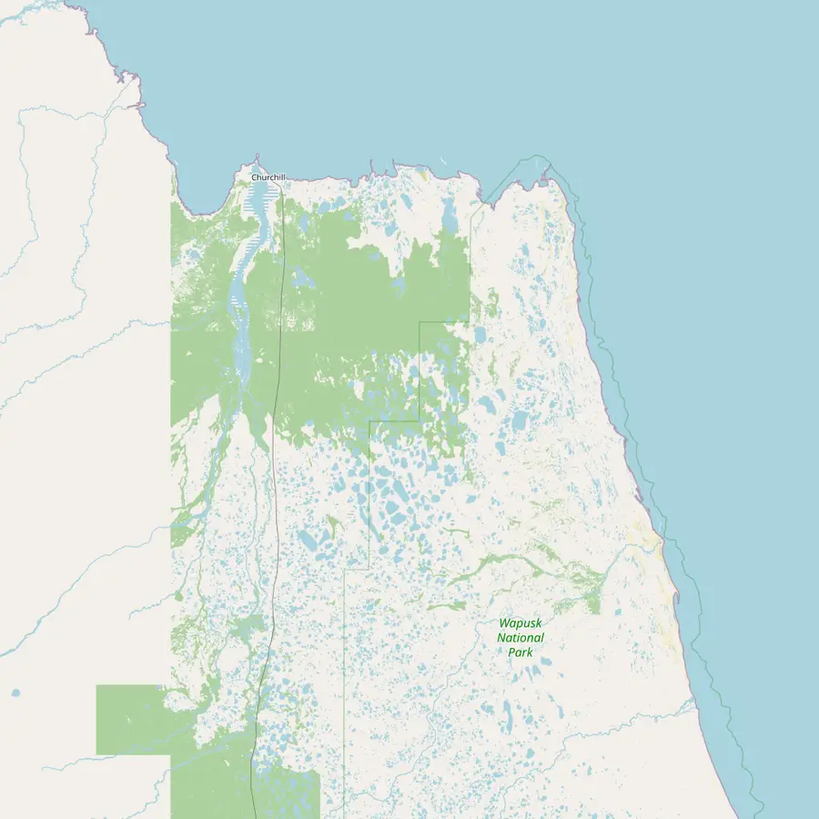 Map of the Hudson Bay coast from Churchill east to Cape Churchill and south to Wapusk National Park